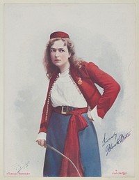 Blanche Bates in Under Two Flags, from the Actresses series (T1), distributed by the American Tobacco Co. to promote Turkish Trophies Cigarettes, reproduction of painting by Frederick Moladore Spiegle