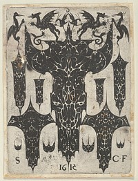 Blackwork Print with Grotesques Fighting on Top of a Large Motif Surrounded by Ten Smaller Motifs, from a Series of Blackwork Prints for Goldsmiths' Work by Etienne Carteron