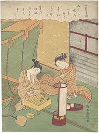 A Young Woman and Man Playing Shōgi (Japanese Chess); Chūnagon Kanesuke, from a series alluding to the Thirty-Six Poetic Immortals (Sanjūrokkasen)