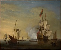 Harbor Scene: An English Ship with Sails Loosened Firing a Gun 