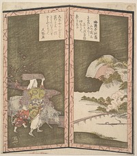 Surimono in shape of small twofold screen by Ryūryūkyo Shinsai