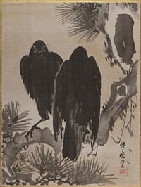 Two Crows on a Pine Branch by Kawanabe Kyosai