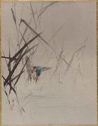 Bird Catching Fish Among Reeds by Watanabe Seitei