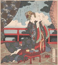 Lady Threading Needle on Verandah by Yashima Gakutei