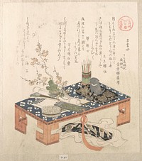 “Desk with Writing Set and Plum Flowers,” from the series Ise Calendars for the Asakusa Group (Asakusa-gawa Ise goyomi)From the Spring Rain Collection (Harusame shū), vol. 2 by Kubo Shunman