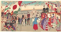 Visit of the Empress to the Third National Industrial Promotional Exhibition at Ueno Park  (Ueno dai sankai  naikoku kangyō hakuran kai gyokō no zu)