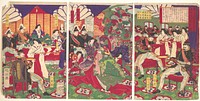 Leaders of the Pacification of the Kagoshima Rebels Celebrating with Cups of Wine from the Emperor (Kagoshima zokuto chinsei ni yotte shoshō tenhai chōdai no zu) by Yōshū (Hashimoto) Chikanobu