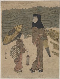 Lady with Black Hood and Umbrella Out Walking with Young Attendant by Suzuki Harunobu