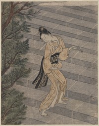 Young Woman Climbing Stone Stairs to a Shinto Temple by Suzuki Harunobu