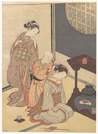 Night Rain at the Double-Shelf Stand, from the series Eight Parlor Views (Zashiki hakkei) by Suzuki Harunobu