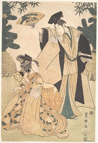 Young Lady with Drum and Man with Fan Saluting Her by Utagawa Toyokuni