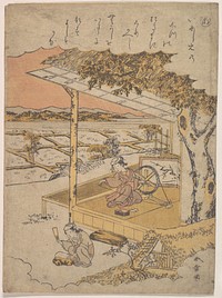 Woman on Veranda, Spinning; another Pounding Cloth on Rock in Foreground by Katsukawa Shunshō