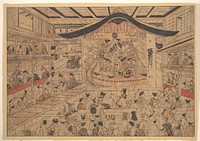 Perpsective View (uki-e) of a Kabuki Theatre, with a Performance of  The Crest Patterns of the Soga Brothers and Nagoya Sanza (Mon-zukushi Nagoya Soga) by Okumura Masanobu