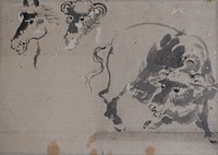 Drawing of a Bison, and Heads of a Bison and Horse by Katsushika Hokusai by Unidentified artist