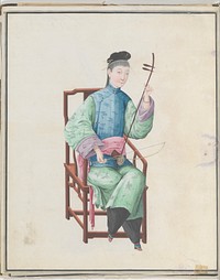 Watercolor of musician playing gaohu(?), Chinese