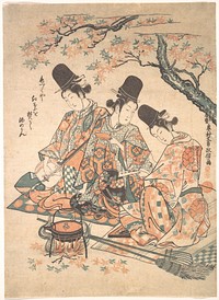 Parody of Palace Servants Heating Sake over a Fire of Maple Leaves by Okumura Masanobu