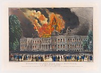 Burning of the City Hall New York, on the night of the 17th August 1858 – Supposed to have taken fire from the fire works exhibited in commemoration of the successful laying of the Atlantic telegraph cable published and printed by Currier & Ives