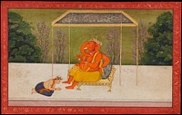 "Indra Worships the Elephant-Headed God Ganesha, Seated on a Throne." Folio from the Tehri Garhwal Series of the Gita Govinda, Indian