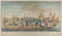 The highly ornamented first gondola of Ambassador Giovanni Battista Colloreado entering Venice by Luca Carlevaris