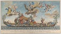 The highly ornamented first gondola of Francesco Antonio Berka entering Venice, Gods on clouds in the sky by Johann Georg Wolfgang