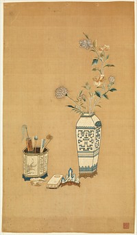 Panel with Flowers in Vase and Scholar's Objects, China