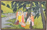 "Krishna and the Gopis on the Bank of the Yamuna River", Folio from the "Second" or "Tehri Garhwal" Gita Govinda (Song of the Cowherd), Indian