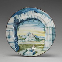 Dish with landscape seen though an arch