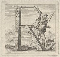 The letter R, constructed from a court pack of playing cards, stands on a riva (river bank) by Anonymous, Italian, 18th century