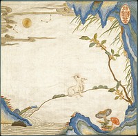 Rabbit in Landscape with Clouds, Moon, Two Constellations, Rocks, Bamboo, Flowering Shrubs, Lingzhi Fungus, Pine and Wwater Plants