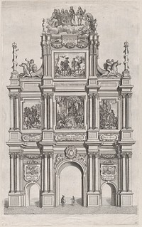 Plate 19: Triumphal arch, elevation of the front, surmounted by a cloud bearing Ferdinand and royal ancestors; from Guillielmus Becanus's 'Serenissimi Principis Ferdinandi, Hispaniarum Infantis...'