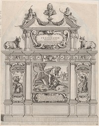 Plate 36: Triumphal arch, surmounted with a portrait bust of Ferdinand, flanked by sculptures of Apollo and Diana; ornamented with allegorical scenes below; from Guillielmus Becanus's 'Serenissimi Principis Ferdinandi, Hispaniarum Infantis...'