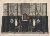 Plate 1: Figures gathered before a curtained wall, decorated with three armorials with the coat of arms and symbols celebrating Archduke Albert, four skeletons on pedestals at center, gothic facade in background; from 'Pompa Funebris ... Alberti Pii' by Cornelis Galle I, after Jacques Francquart 