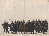 Plate 28: Drummers and trumpet players marching in the funeral procession of Archduke Albert of Austria; from 'Pompa Funebris ... Alberti Pii' by Cornelis Galle I