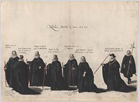 Plate 53: Eight figures marching in the funeral procession of Archduke Albert of Austria; from 'Pompa Funebris ... Alberti Pii' by Cornelis Galle I, after Jacques Francquart