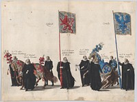Plate 39: Men with heraldic flags and horses from Burgundy and Artois marching in the funeral procession of Archduke Albert of Austria; from 'Pompa Funebris ... Alberti Pii' by Cornelis Galle I, after Jacques Francquart