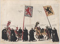Plate 36: Men with heraldic flags and horses from Zutphen and Namur marching in the funeral procession of Archduke Albert of Austria; from 'Pompa Funebris ... Alberti Pii' by Cornelis Galle I, after Jacques Francquart