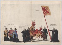 Plate 35: Men with heraldic flags and horses from Charolois marching in the funeral procession of Archduke Albert of Austria; from 'Pompa Funebris ... Alberti Pii' by Cornelis Galle I, after Jacques Francquart