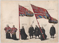 Plate 48: Men bearing arms and heraldic flags marching in the funeral procession of Archduke Albert of Austria; from 'Pompa Funebris ... Alberti Pii' by Cornelis Galle I, after Jacques Francquart