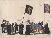 Plate 45: Men with heraldic flags and horses from the House of Brabant and Burgundy marching in the funeral procession of Archduke Albert of Austria; from 'Pompa Funebris ... Alberti Pii' by Cornelis Galle I