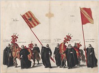 Plate 33: Men with heraldic flags and horses from Mechelen and Salins marching in the funeral procession of Archduke Albert of Austria; from 'Pompa Funebris ... Alberti Pii' by Cornelis Galle I, after Jacques Francquart