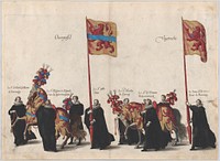 Plate 32: Men with heraldic flags and horses from Overijssel and Utrecht marching in the funeral procession of Archduke Albert of Austria; from 'Pompa Funebris ... Alberti Pii' by Cornelis Galle I, after Jacques Francquart