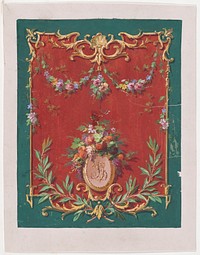 Design for a Panel or Wallpaper (?) with an Ornamental Frame with Scrolls and a Shell Decorated with Garlands and Bundles of Flowers and Fruits and a Monogrammed Oval Frame, Anonymous, French, 19th century