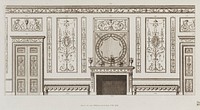 Interior design of wall with door, fireplace, panels and benches (in Designs for Various Ornaments," pl. 52) by Michelangelo Pergolesi