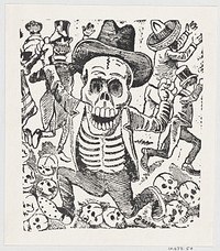 A skeleton holding a bone and leaping over a pile of skulls while people flee, from a broadside entitled 'Las bravisimas calaveras Guatemaltecas' by José Guadalupe Posada