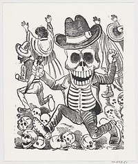 A skeleton holding a knife leaping over a pile of skulls, people flee in the background, from a broadside entitled 'Las bravisimas calaveras Guatemaltecas' by José Guadalupe Posada