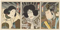 The Actors Mimasu Daigorō IV as Umako Daijin (right), Ichikawa Ebizō V as Umaya Daijin (center), and Jitsukawa Ensaburō as Prince Shōtoku (left) by Gosōtei Hirosada