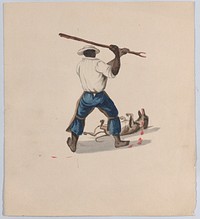 A man viewed from behind beating a dog with a stick, from a group of drawings depicting Peruvian dress