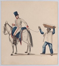 A soldier on horseback holding a rope that secures an enslaved indigenous man who is balancing a basket on his head; from a group of drawings depicting Peruvian dress