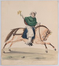 An elegantly dressed woman on horseback, from a group of drawings depicting Peruvian dress attributed to Francisco (Pancho) Fierro