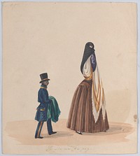 An elegantly dressed woman and her page, from a group of drawings depicting Peruvian dress